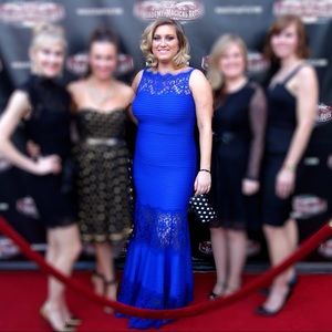 Tadashi Shoji Blue Stretch Lace Illusion Gown